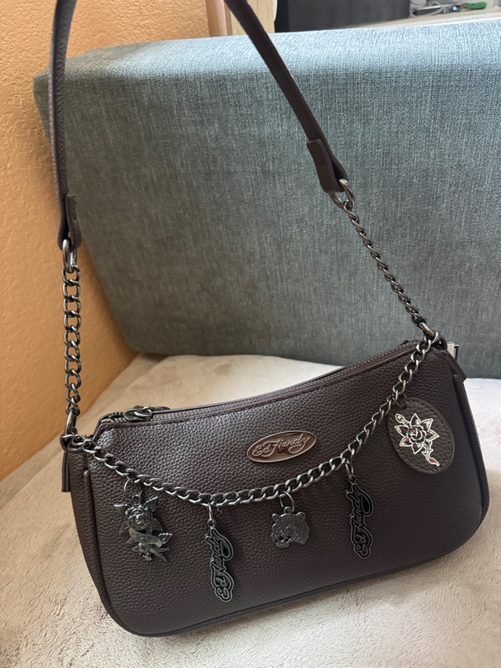 Ed Hardy Chocolate Brown Pebbled Shoulder Bag with Charm Chain